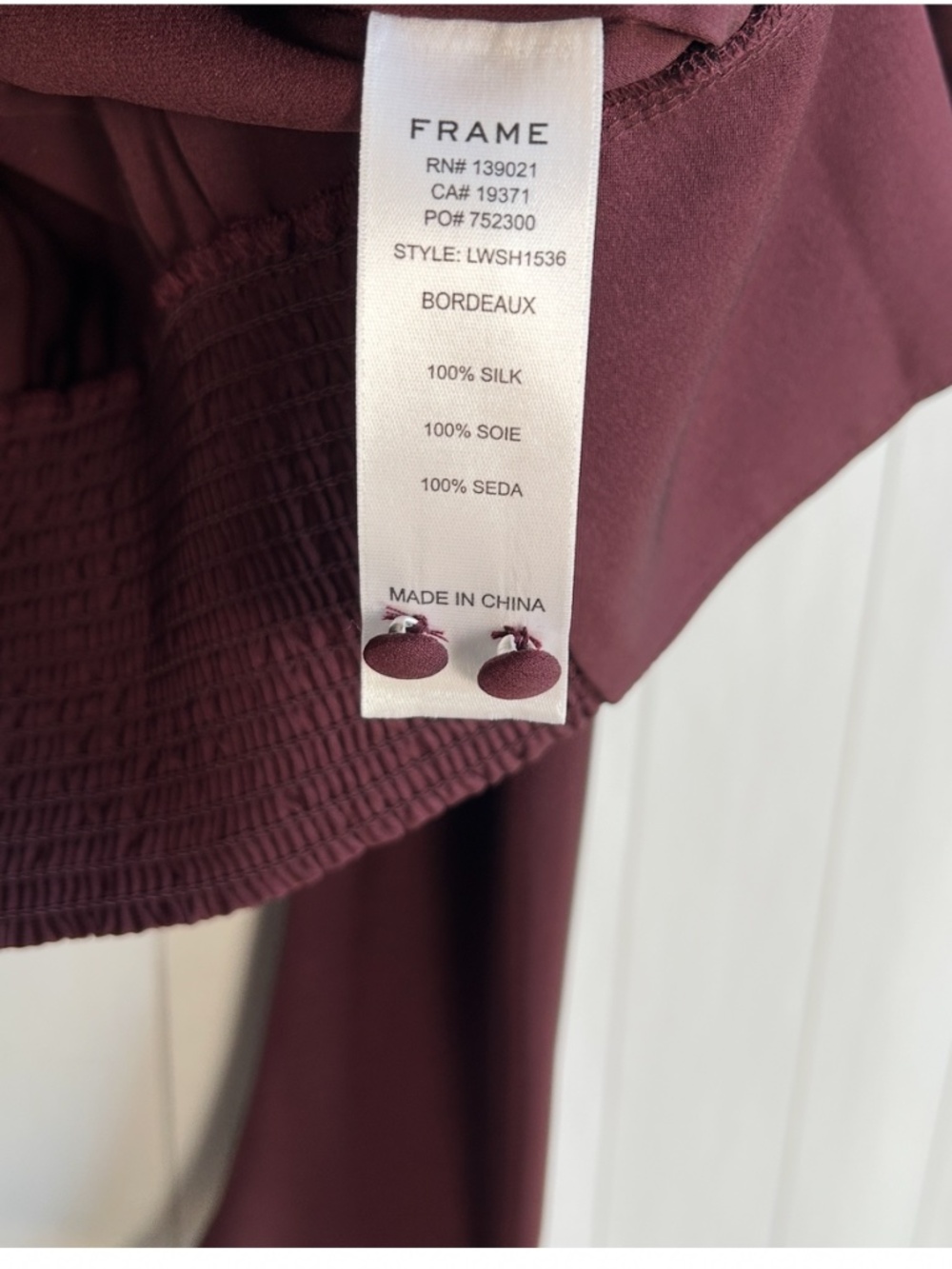 Frame size L long sleeve keyhole blouse 100% silk burgundy smocked high neck - Picture 11 of 12